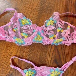 🎀🌷 Ethereal Pink Blue Yellow Floral Embroidery Sheer Satin Fairy Lingerie Set 🌷🎀